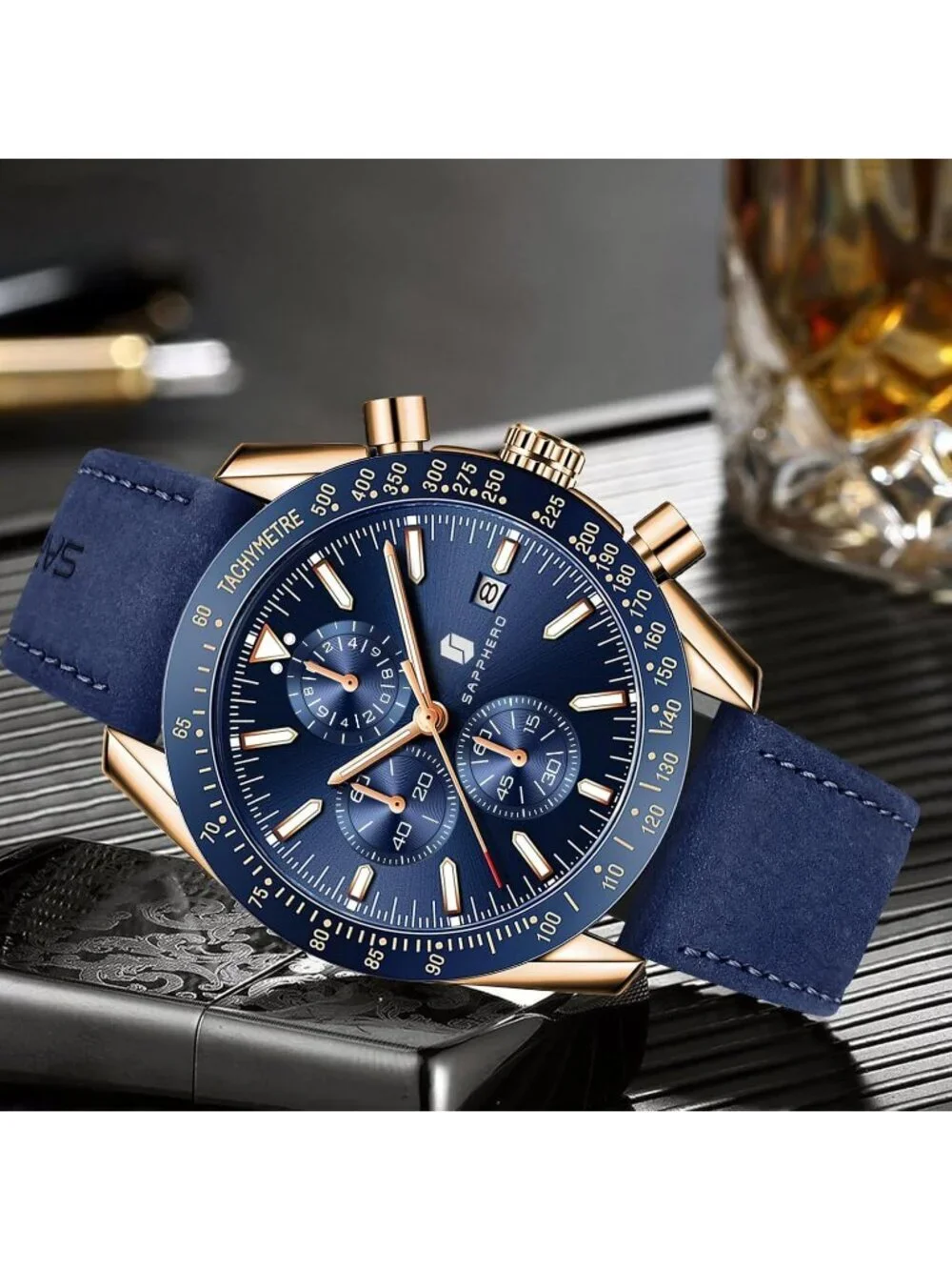 Men's Blue Gold Analog Silicone Strap Chronograph Luminous Designer Casual Watch